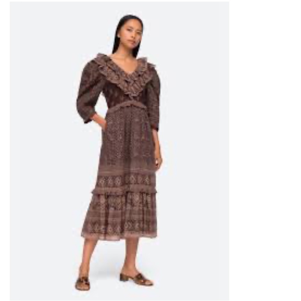 $425 Sea New‎ York Nadine Brown Smocked Border Print prairie ruffle Midi Dress 6